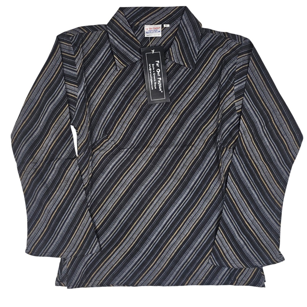 Far Out Fashion Mens Medium Black Grey Ochre Diagonal Stripe Long Sleeve Shirt